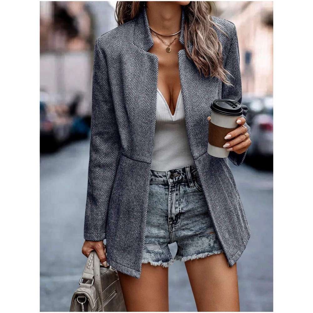 Classic Grey Herringbone Blazer Jacket Coat - Picture 3 of 12